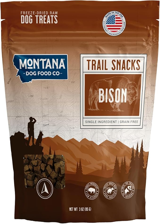 MONTANA DOG FOOD CO. Freeze-Dried Bison Liver Dog Treats (Trail Snacks) – 100% Natural, Single Ingredient, High Protein, Grain-Free, Made in USA – 3 oz Bag
