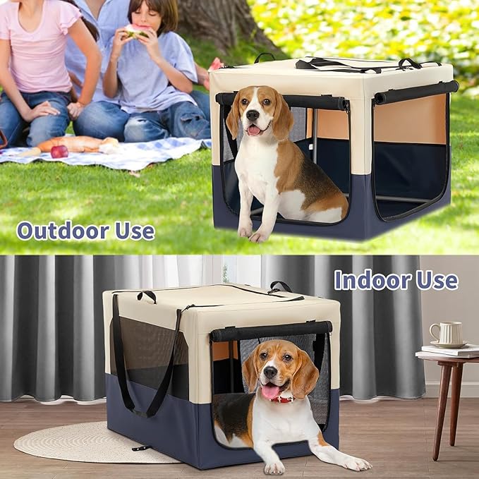 A 4 Pet Soft Dog Crate 30 Inch Small Portable Collapsible Pet Travel Kennel, 3-Door Lockable Zippers & Reinforced Steel Frame, Easy Setup, Mesh Panels — Ideal for SUV, Car, Camping & Home Use