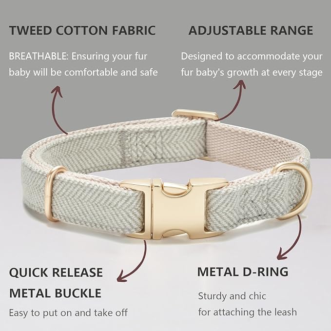 Soft Hemp Dog Collar and Leash Set Adjustable Woven Tweed Dog Collars with Metal Buckle and Lead for Small Medium Large Dogs,Grey