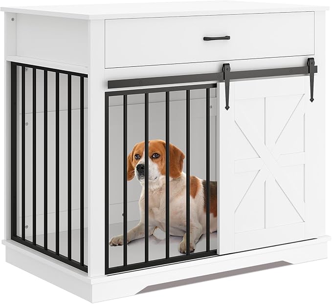 37.8" Dog Crate Furniture, Farmhouse Style 2-in-1 Dog Crate with Sliding Barn Door for Small/Medium Dogs, Dual Function as Side Table with Storage Drawer, 2-in-1 Iron-Wood Fusion Design, White