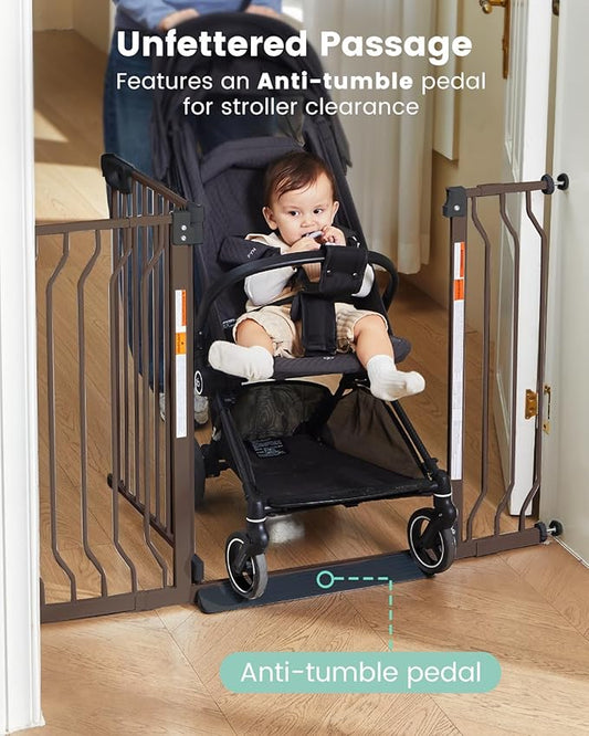Mom's Choice-GROWNSY Baby Gate for Stairs, 30.5"-48.4" Pressure Mounted Baby Gate for Top of Stair&Doorway with V-Shaped Rods, Anti-Trip Pedal,Wide Stairs Dog Gate Easy Install w/Red Reminder,Brown
