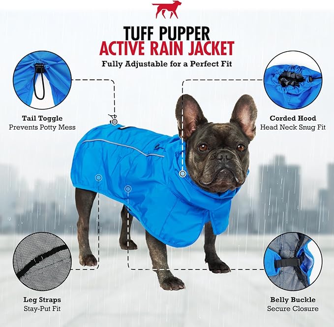 Tuff Pupper Waterproof Dog Raincoat | Full-Body Windproof Rain Jacket for Dogs | Reflective Strips | Breathable Mesh Lining | Adjustable Fit | Leash Port | Small Medium Large XL XXL Dogs (Blue, XXS)