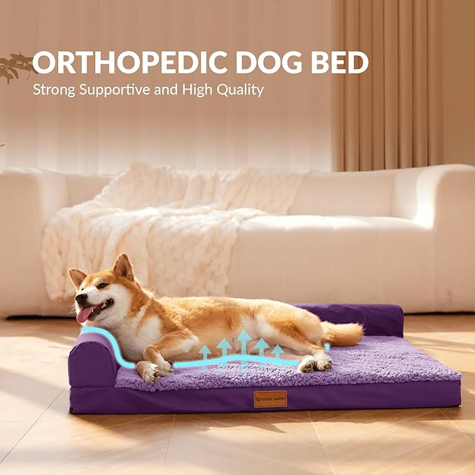 Patas Lague Orthopedic XL Dog Bed Large Sized Dog 48''X30'', Waterproof L Bolster Big Pet Sofa Beds with Removable Washable Cover, Soft Comfortable Pet Couch Crate Mat with Nonskid Bottom, Purple