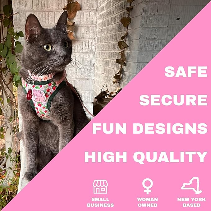 Travel Cat Strawberry Shortcake Harness & Leash Set - Adjustable Fit Mesh Cat Harness with Reflective Strap - Harness for Cats, Kittens for Outdoor (Strawberry Shortcake, X-Small-Kittens Only)