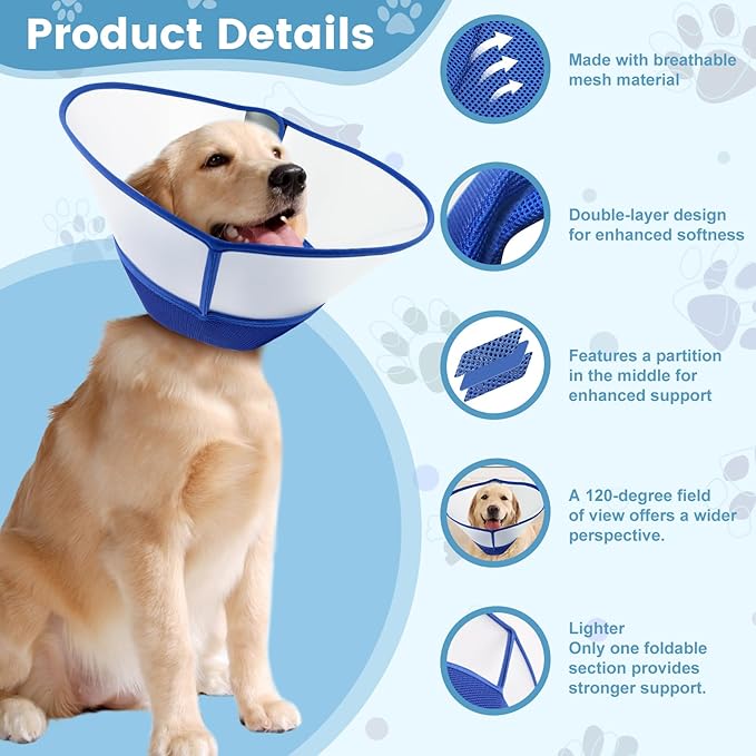 Soft Dog Cone Collar for Dogs to Stop Licking,Breathable Pet Recovery Collar with Enhanced Support Design, Adjustable Dog Cone Collar for Large & Medium Dogs (Blue, S（Depth：5.7 Neck：10.24-11.81“）)