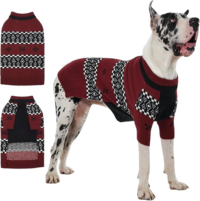 IECOii Great Dane Sweaters for Giant Breed Dogs Boy,Warm Sweaters for Extra Large Dogs,Thermal Cozy Boy Dog Winter Sweater Knitted Outfit for Holiday & Daily Wear,Pet Sweater with Sleeve,DarkRed, 5XL