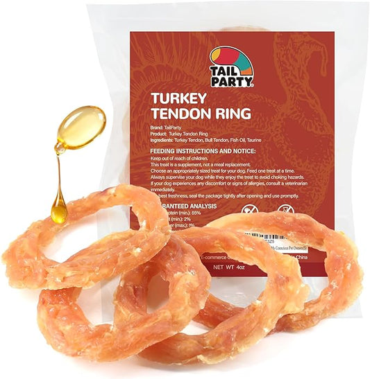 TailParty Turkey Tendons for Dogs with Fish Oil & Taurine: 4 oz Dog Healthy Treats, All Natural Dental Chew Rings, Long-Lasting Training-Reward Snacks for Health-Conscious Pet Owners