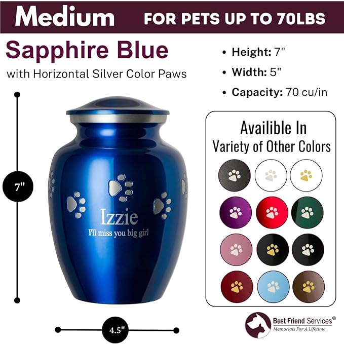 Pet Urn for Dogs and Cats with Personalized Laser Engraving, Ottillie Paws Premier Series Memorial Urns (Medium Sapphire Blue with Horizontal Pewter Paws)