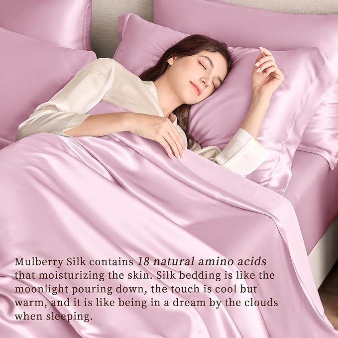 THXSILK Silk Sheet Set 4Pcs, 6A+ Top Grade 100% Natural Mulberry Silk Bed Sheets, Luxury Bedding Sets Ultra Soft Durable, 1 Fitted Sheet, 1 Flat Sheet and 2 Pillow Shams (King, Lavender)