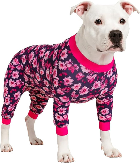 LovinPet Dog Pjs Pitbull Boy - Pet Anxiety Relief Onesies, Sun Protection Dog Shirt, Comfy Stretchy Fabric, Berry Roses Print, Big Dog Surgery Recovery Pajamas, Pitbull Clothes, Pink M