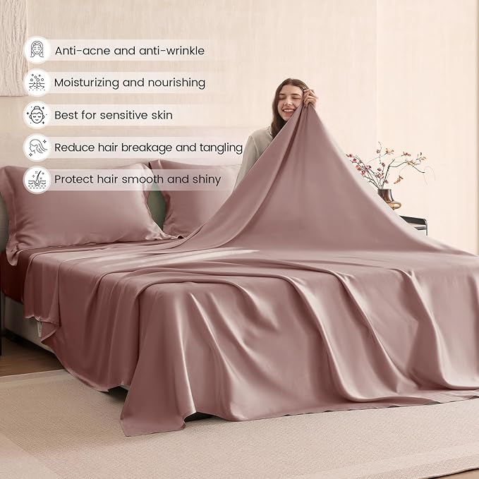 THXSILK Silk Sheet Set 4Pcs, 6A+ Top Grade 100% Natural Mulberry Silk Bed Sheets, Cooling Luxury Bedding Sets Ultra Soft Durable, 1 Fitted Sheet, 1 Flat Sheet and 2 Pillow Shams (Full, Purple)