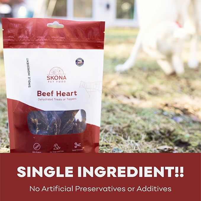Skona PetFood Beef Heart Jerky Dog Treats & Cat Jerky Treats, High Protein, Single-Ingredient Training Snacks, Grain-Free, USA Made, Rich in Taurine, Supports Digestion & Dental Health, 4oz