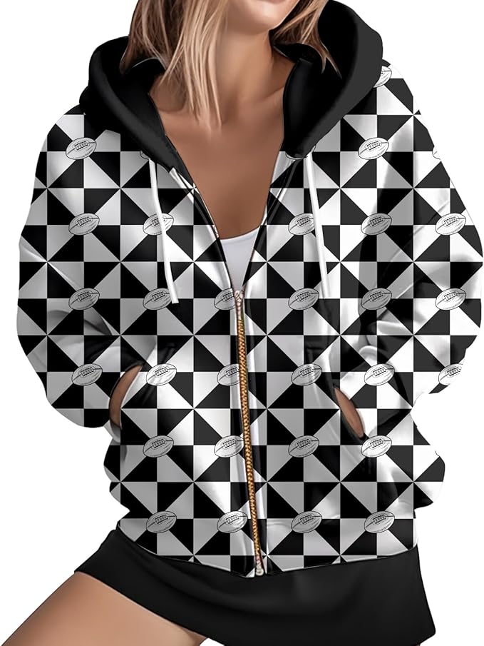 Women's Zip Front Plaid Sweatshirts Print Hoodie Fall Jackets Long Sleeve Casual Drawstring Clothes