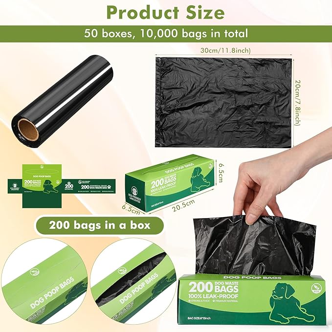 Sherr 50 Rolls Dog Waste Bags 10000 Count Dog Trash Bags Leak Proof Pet Doggie Poop Roll Waste Thick Plastic Bag for Home Park Outdoor Travel Pet Supplies(Black)
