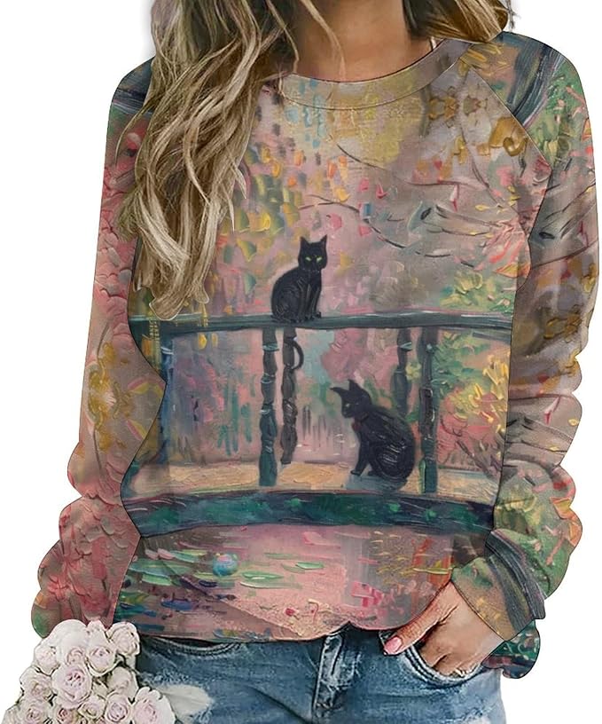 Womens novelty funny cat printed crewneck sweatshirt casual loose long sleeve graphic pullover sweatshirts tops