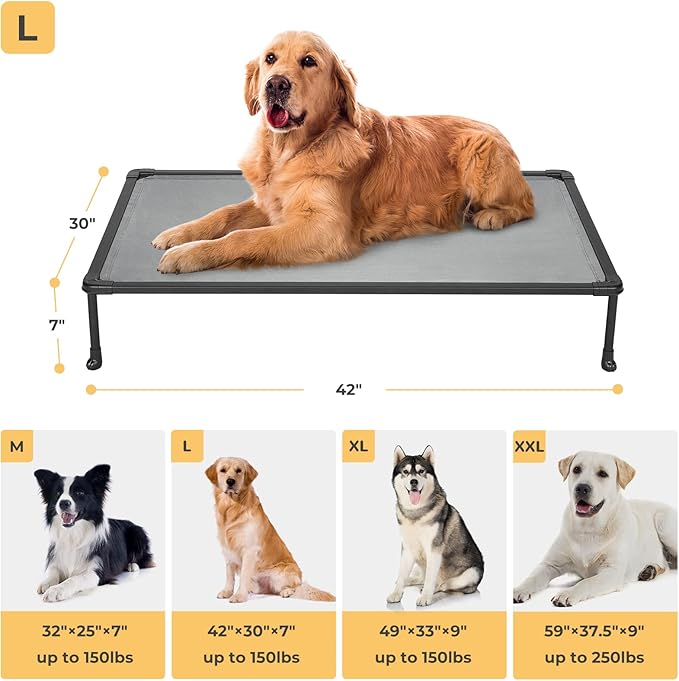 Veehoo Chewproof Elevated Dog Bed - Cooling Raised Pet Cot, Breathable Mesh, Washable & Non-Slip for Large Dogs, Indoor/Outdoor, Grey Mat and Black Frame, 42x30inches (Model CWC2203A03)