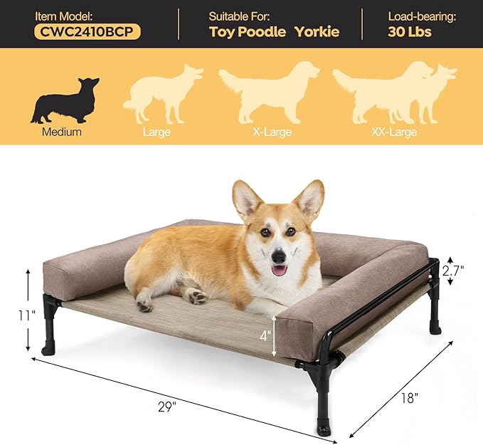 Veehoo Elevated Raised Dog Bed-Cooling Outdoor Dog Cot Bed for Medium Sized Dogs Three-Sided Fence Raised Pet Cot with Mesh &No-Slip Feet Dog Hammock Bed with Removable Bolster-29 x 18" Beige Coffee