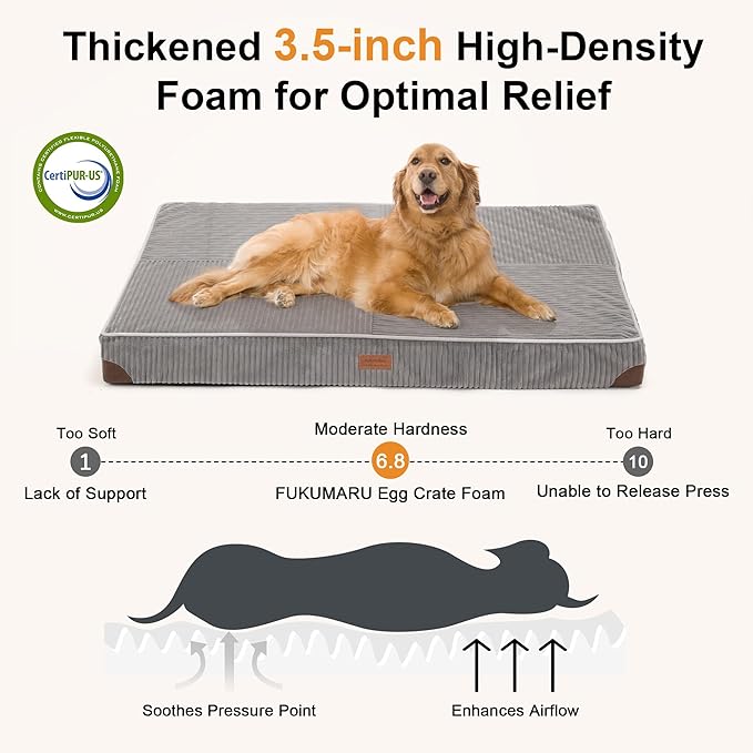 FUKUMARU Dog Bed, Plush Corduroy Orthopedic Dog Beds with Washable Cover, Large Waterproof Dogs Bed for Crate, Egg Crate Foam Support Pet Mat, Cozy Pet Bed Mat with Anti-Slip Bottom, Grey
