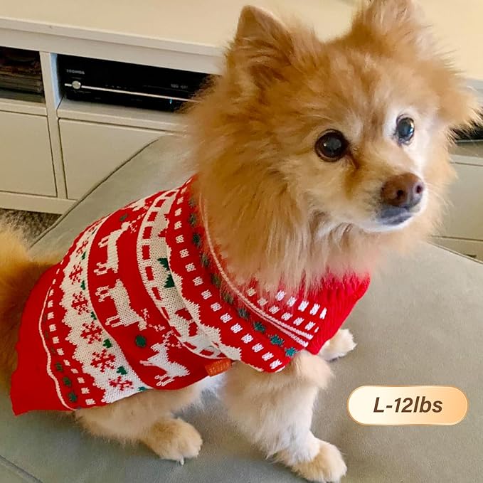 KYEESE Dog Christmas Sweater, Warm Turtleneck Dog Sweater for Small Dogs Boy Girl with Snowflake Reindeer Pattern, Winter Doggie Knitwear with Leash Hole, Soft Cozy Pet Clothes, Large
