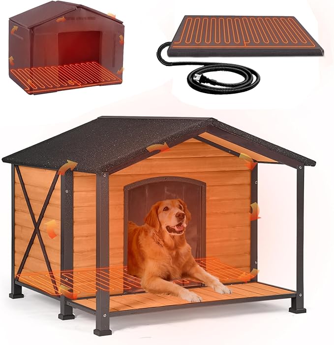 Large Heated Dog House Outdoor XL Insulated Dog House Weatherproof Dog Kennel ((with Heating Pad & Liner), Extra Large Heated Dog House (AIR89-HP))