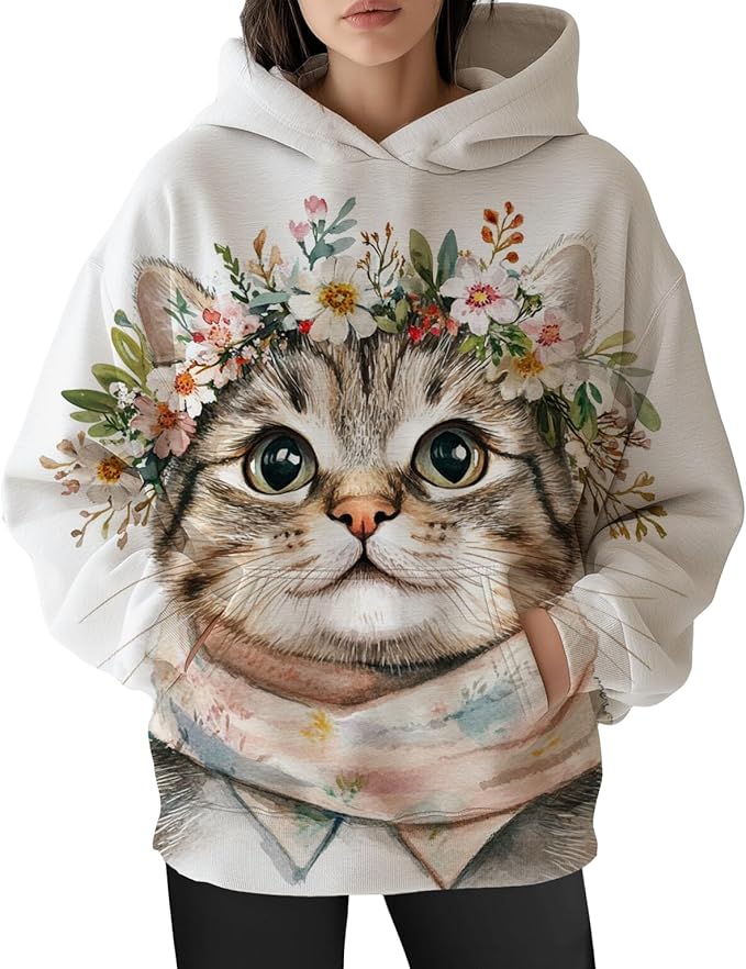 Womens Cat Print Hoodies Trendy Funny Cat Graphic Long Sleeve Sweatshirt Y2k Streetwear Hooded Pullover Tops
