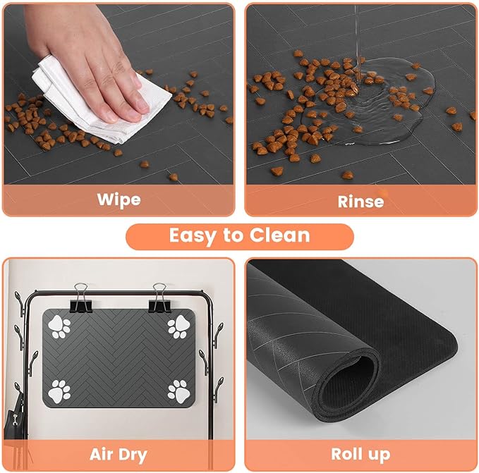 Pet Feeding Mat-Absorbent Pet Placemat for Food and Water Bowl, with Waterproof Rubber Backing, Quick Dry Water Dispenser Mat for Dog and Cat (20"x12", Striped Dark Gray)