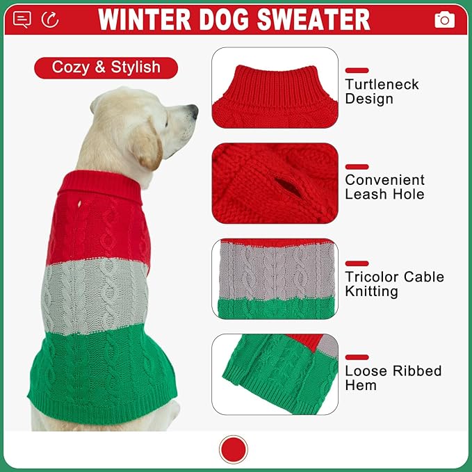 EXPAWLORER Dog Sweater - Large Dogs Fall Sweaters for Girls Boys,Classic Turtleneck Knitwear Dog Clothes for Cold Weather, Cable Knit Dogs Outfit,Coat,Pet Apparel Gift(Red&Green,L)
