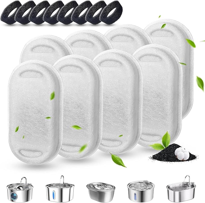 Cat Water Fountain Filters, 16 Pack Cat Fountain Filter Replacement for 67oz/2L & 108oz/3.2L Stainless Steel Pet Water Fountain, 8 Pack Pet Replacement Filters with 8 Sponges
