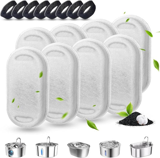 Cat Water Fountain Filters, 16 Pack Cat Fountain Filter Replacement for 67oz/2L & 108oz/3.2L Stainless Steel Pet Water Fountain, 8 Pack Pet Replacement Filters with 8 Sponges