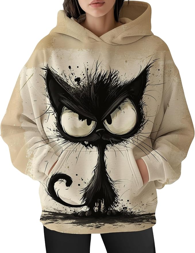 Womens Cat Print Hoodies Trendy Funny Cat Graphic Long Sleeve Sweatshirt Y2k Streetwear Hooded Pullover Tops