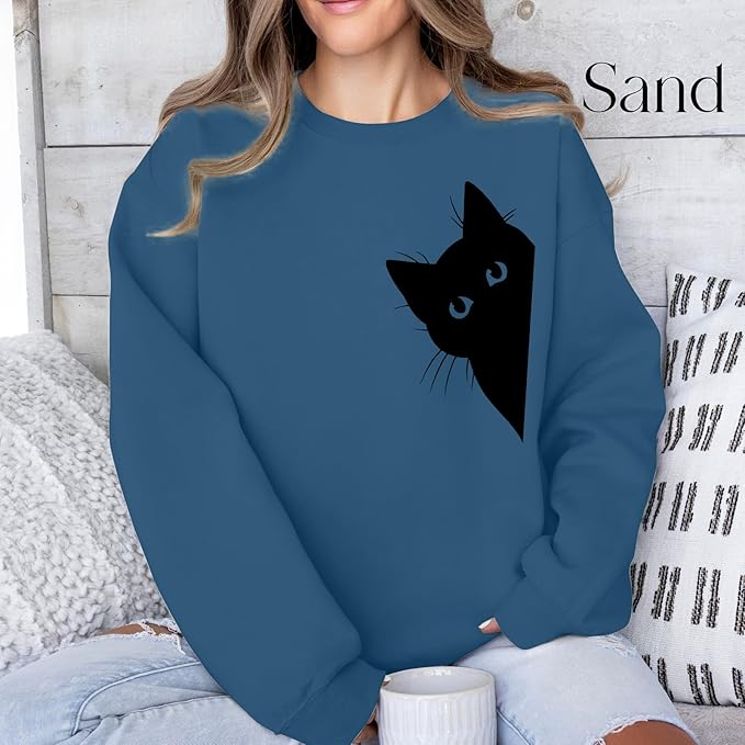 Cat Sweatshirts for Women Graphic Print Sweatshirt Funny Long Sleeve Shirt Cute Pullover Lightweight Hoodie Tops