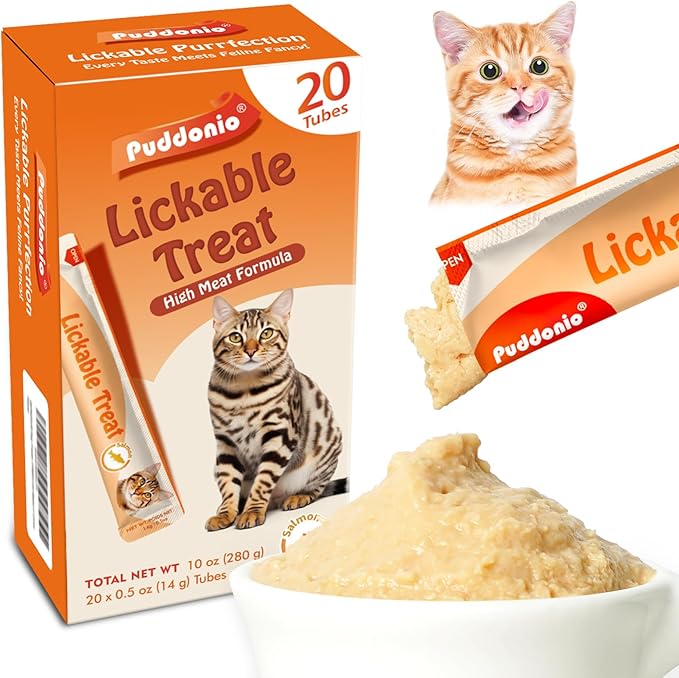Puddonio High-Meat Lickable Cat Treats, Grain & Gum Free, No Additives, All-Natural High Protein Puree, 0.5oz Tubes (Pack of 20)
