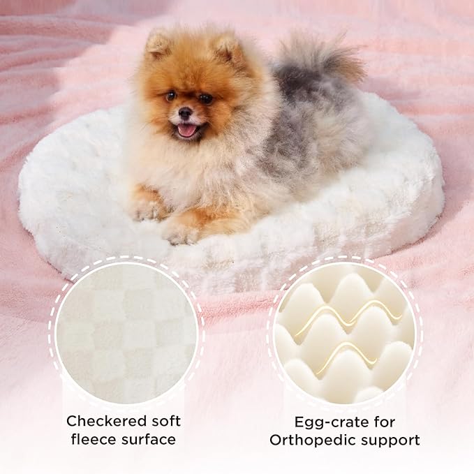 Joydeco Dog Bed for Small Dogs & Cats, Washable Cloud Pet Bed with Orthopedic Foam and Removable Checkered Plush Pad, Non-Slip Bottom for Indoor Puppies and Kittens, 27x24 Inch, White