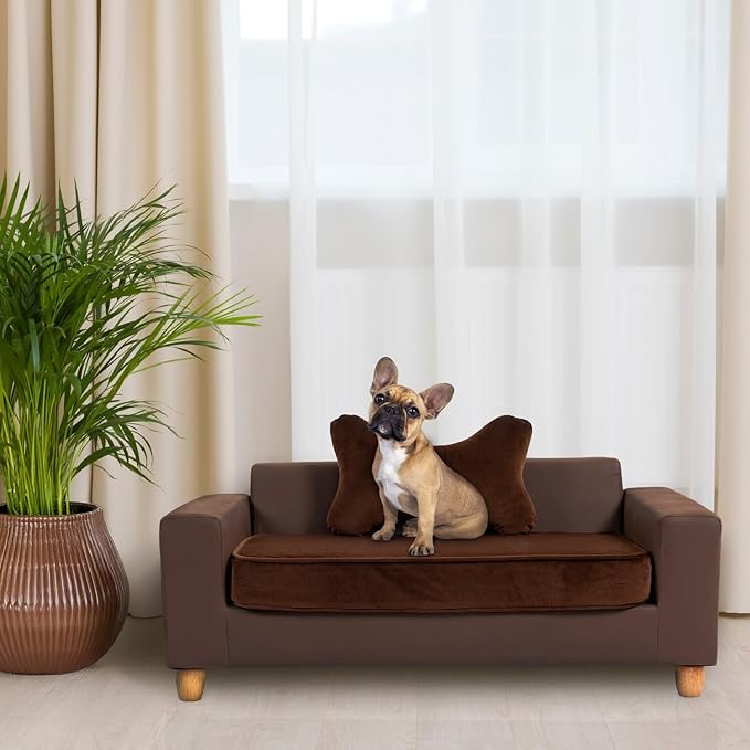 CRITTER SITTERS 43” Faux Leather Ped Bed in Brown, Durable Washable Sofa Couch for Large Cats & Dogs, Must Have Essential Furniture Accessory for Kittens & Puppies