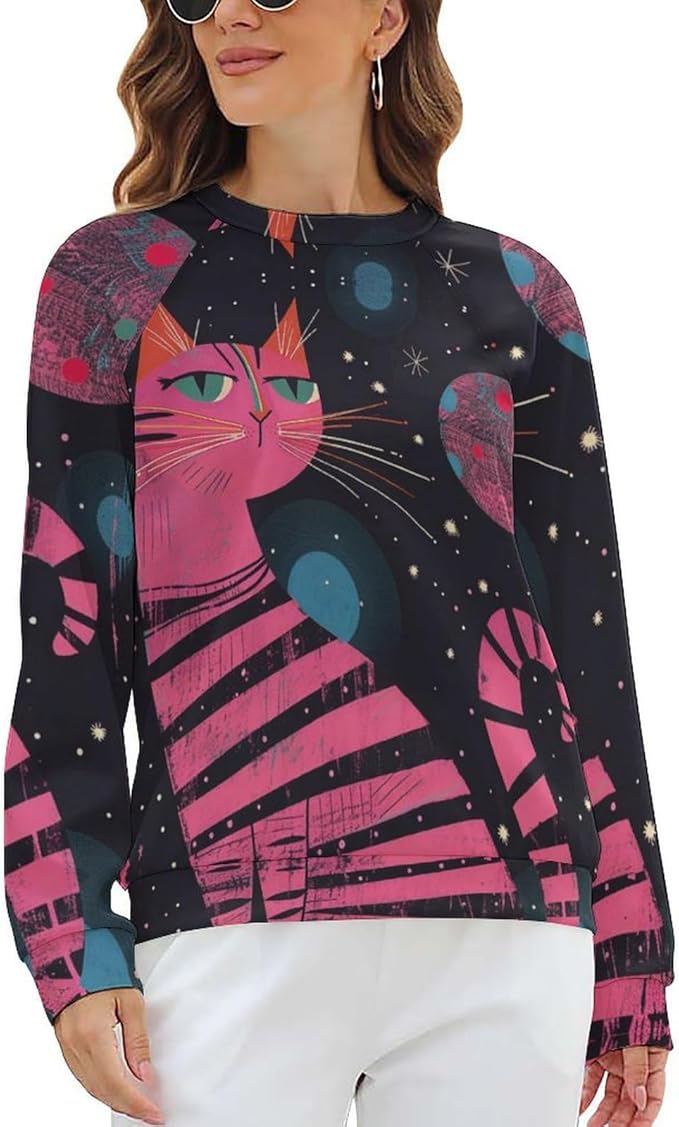Biacolum Long Sleeve Shirts for Women Mid Century Retro Style Atomic Cat 3D Graphic Sweatshirts Fall Crewneck Pullover Top