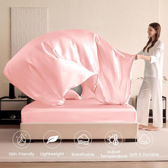 THXSILK Silk Sheet Set 4Pcs, 6A+ Top Grade 100% Pure Mulberry Silk Bed Sheets Ultra Soft Durable Luxury Bedding Sets, 1 Fitted Sheet, 1 Flat Sheet and 2 Pillowcases (Twin-XL, Charming Pink)