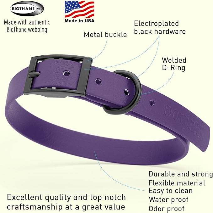 Dogline Biothane Coated Webbing Dog Collar with Black Metal Hardware: Durable Easy-Clean Everyday Collar for Dogs - Comfortable Adjustable Odor-Resistant Pet Collar, W3/4" x L15-18, Violet Purple