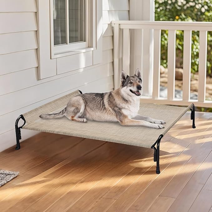 Veehoo Outdoor Elevated Dog Bed, Raised Dog Cot for Large Dogs, Cooling Washable Waterproof Pet Hammock Beds with Slope Headrest, Breathable Mesh and Sturdy Frame, Large, Beige Coffee, CWC2204