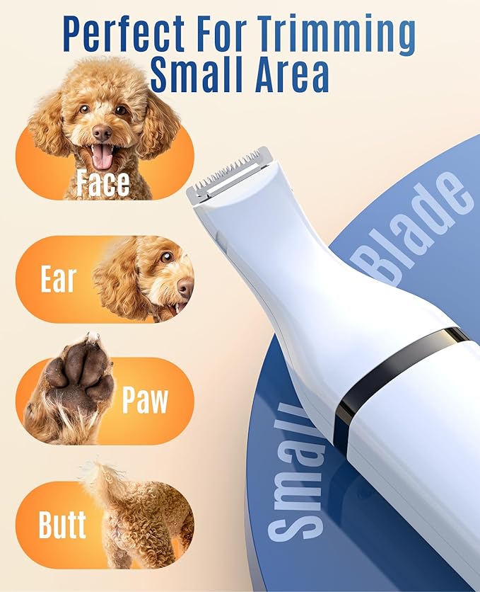 oneisall Dog Clippers with Double Blades,Cordless Small Pet Hair Grooming Trimmer,Low Noise for Trimming Dog's Hair Around Paws, Eyes, Ears, Face, Rump (White)