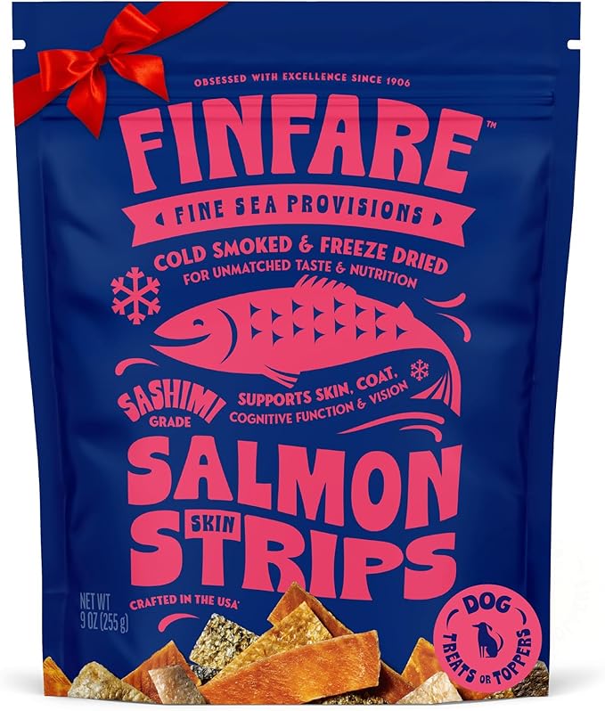Finfare Freeze Dried Dog Treats, Salmon Skin Strips, Protein & Omega-3s, Grain Free Salmon Dog Training Treats, Crafted in USA, 9oz