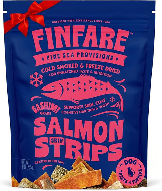Finfare Freeze Dried Dog Treats, Salmon Skin Strips, Protein & Omega-3s, Grain Free Salmon Dog Training Treats, Crafted in USA, 9oz
