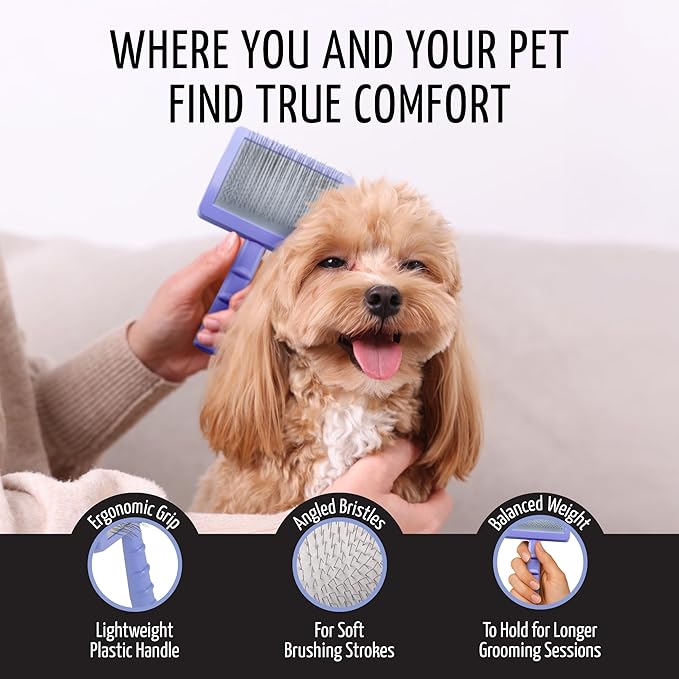 Tauro Pro Line Slicker Dog Brush for Shedding - Detangler for Long or Wavy Hair, Removes Undercoat & Mats - Pet Brush for Dogs & Cat Grooming, Non-Slip Grip, Soft Pin (Size L - Purple)