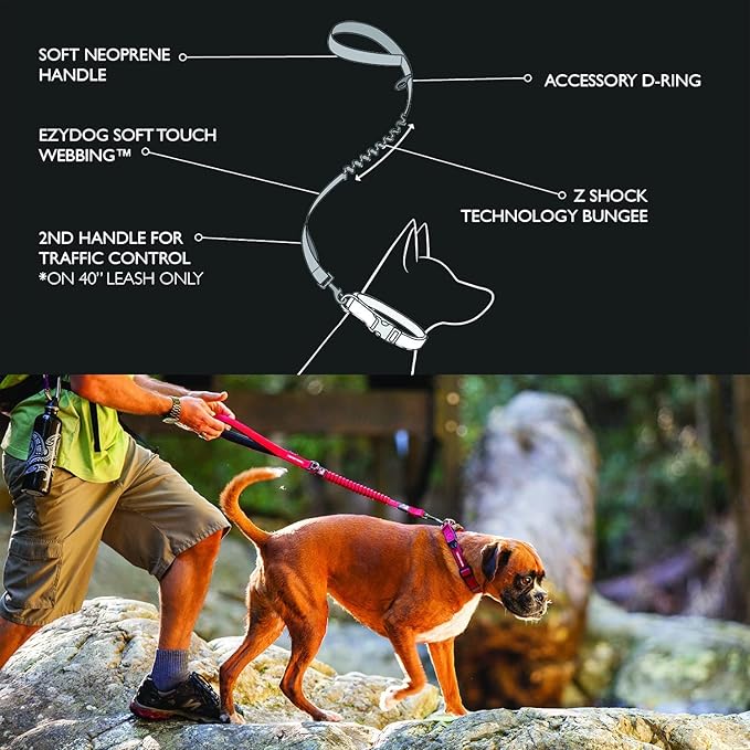 EzyDog Zero Shock Dog Leash - Shock Absorbing Bungee Leash for Dogs That Pull or Excite - Dual Handle and Reflective for Large, Medium, or Small Dogs (25-inch, Red)