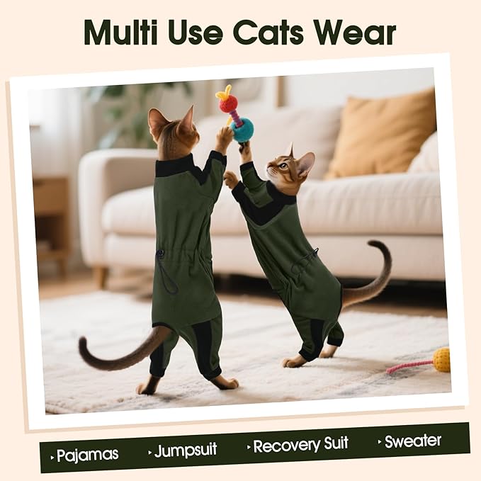 DENTRUN Cat Clothes with Anti-Shedding Fabric - Soft Recovery Suit & Breathable Lint-Resistant Cat Sweater for Wound Care & Hair Control, Kitten Onesie Pajamas, XL, Army Green