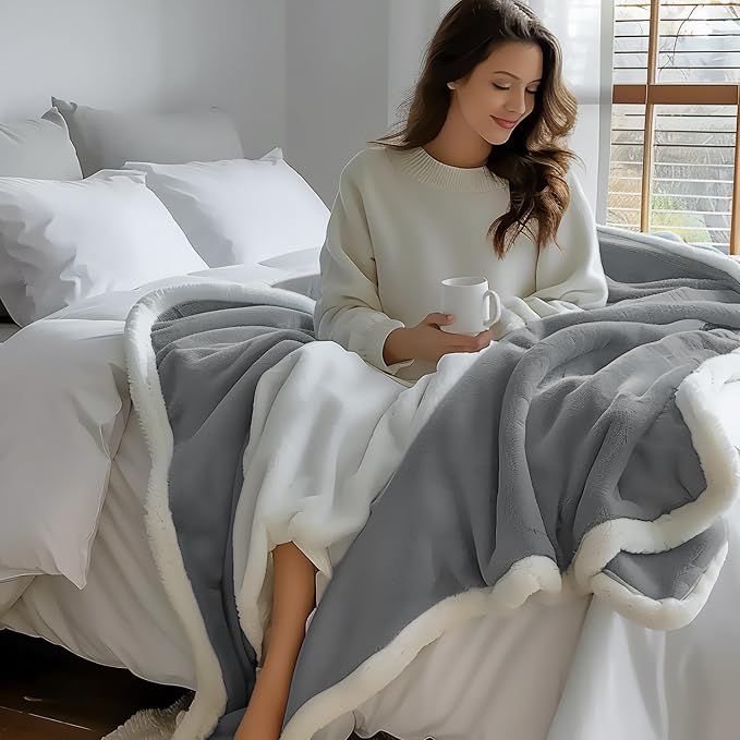 Waterproof Blanket Twin Size - Sherpa Fleece Reversible Throw, Soft Warm Leak-Proof Bed & Couch Protector for Kids, Pets & Everyday Spills (Velvet Gray/Cloud White, 65x90