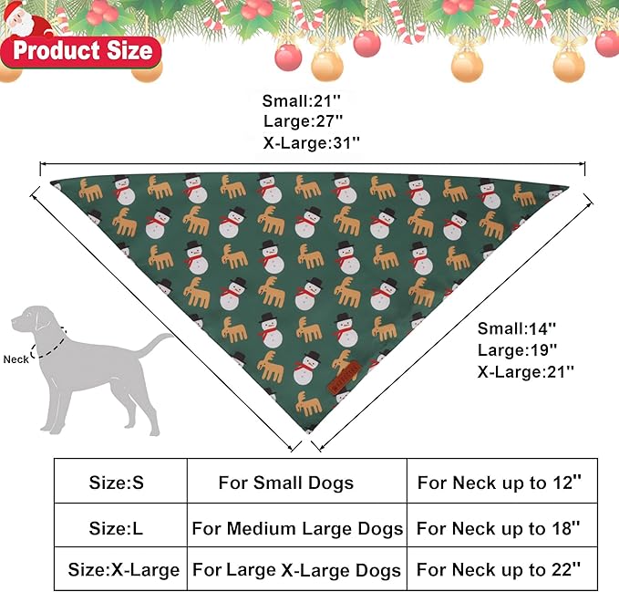 ADOGGYGO Green Christmas Dog Bandana, Snowman Reindeer Mug Pet Scarf, Adjustable Fit Merry Christmas Bandanas for Medium Large Dogs (Large)