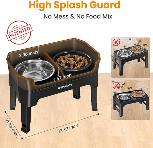 URPOWER Mess Proof Elevated Dog Bowls 4 Height Adjustable Raised Dog Bowl Stand with Stainless Steel Bowl, Slow Feeder & Licking Plate for Small, Medium & Large Dogs