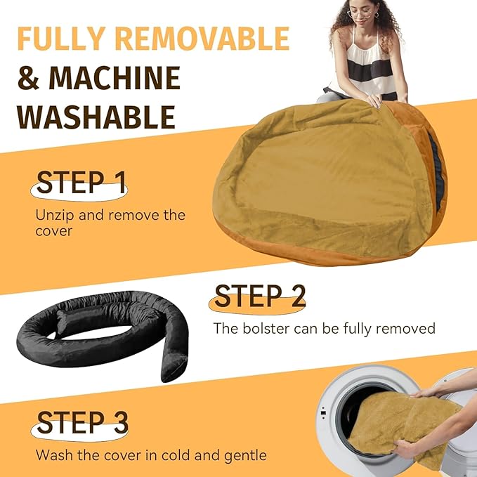Orthopedic Washable Large Dog Bed: Cooling Dog Bed with Bolsters - Jumbo Bed Waterproof Removable Cover Non-Slip Bottom for Extra Large Sized - Orange