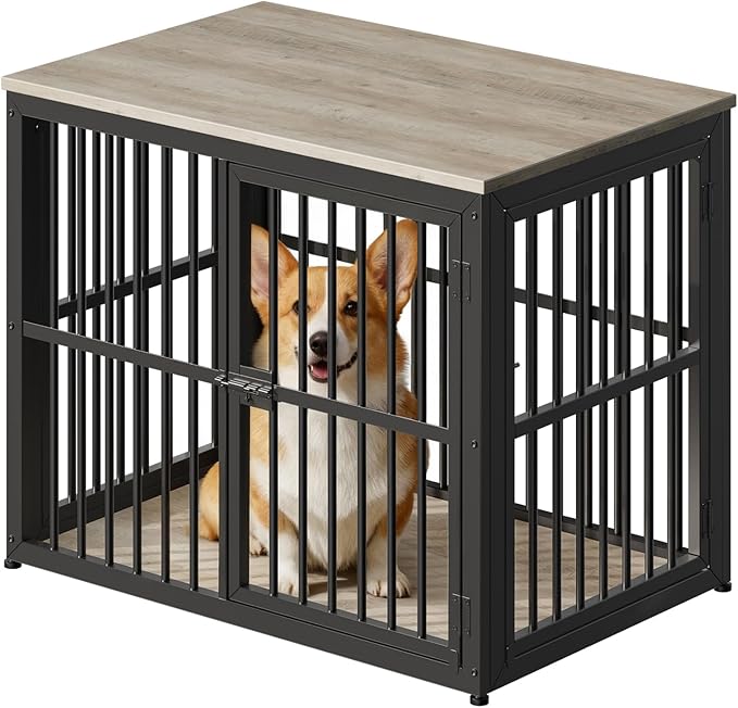 Lyromix 33'' Dog Crate Furniture with 3 Doors,Wooden Crate End Table Heavy Duty Indoor Puppy Cage for Small to Medium Dogs, Multiple Units Can be Combined, Grey