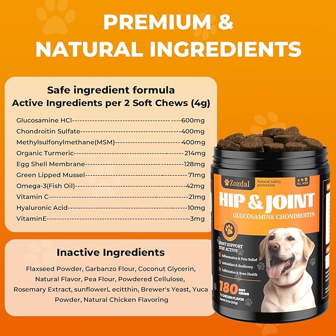 Joint Supplement for Dogs 180 Count, Glucosamine Chondroitin, Glucosamine for Dogs, Dog Hip and Joint Supplement with Chondroitin - MSM - Turmeric, Chicken Flavor, Pain Relief, Joint Health